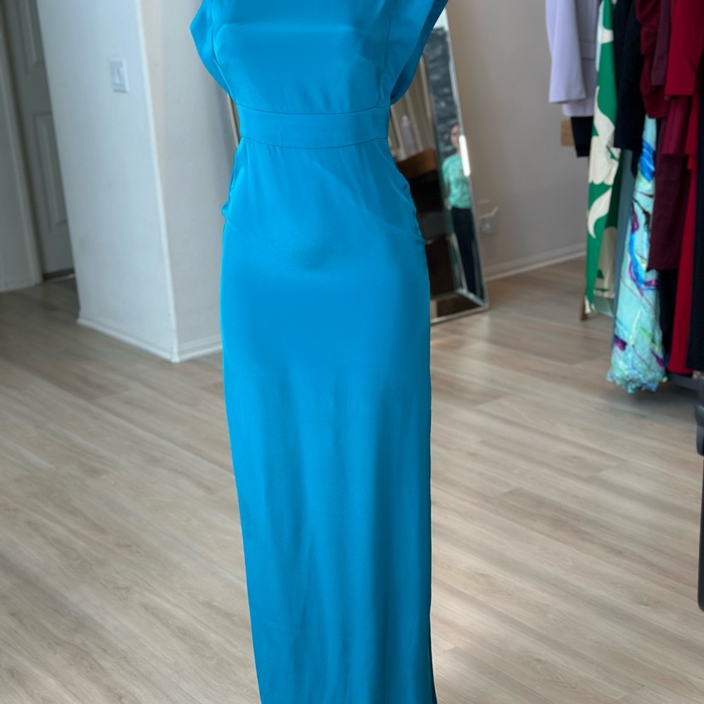 Theia Blue Halter Sheath Maxi Dress for Weddings